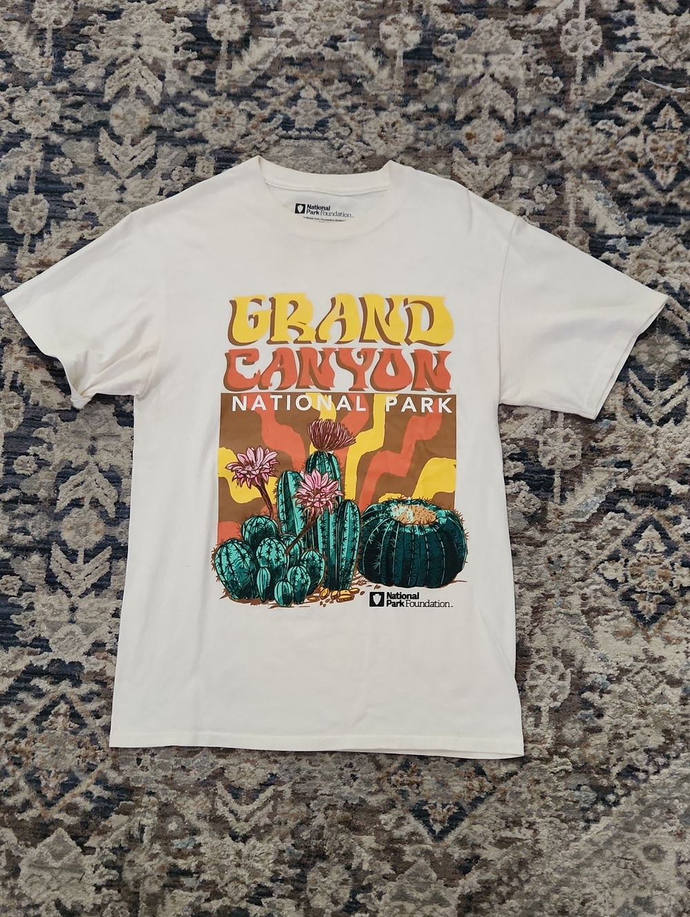 Grand Canyon National Park Graphic Tee - White with Teal Cactus Print
